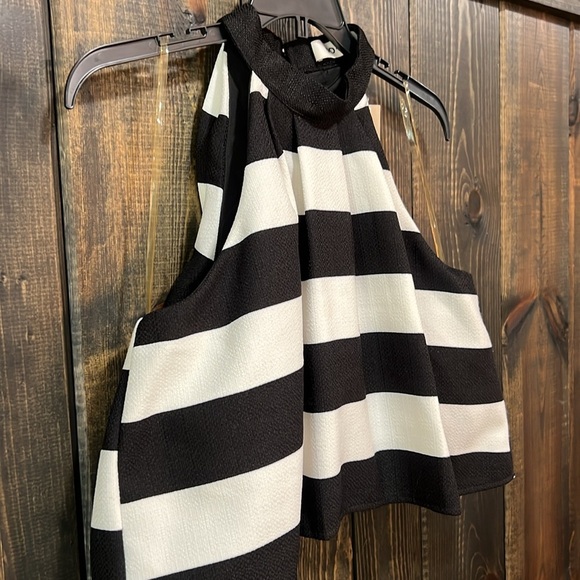 NWT Do+Be Crop Top S Halter Black White Pleated Dressy Striped Overlay‎ Cocktail - Picture 2 of 7